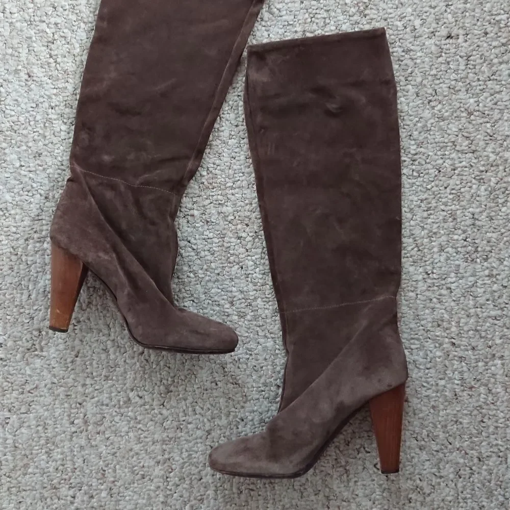 Joie brown knee high leather pull on boots wood block heel size 36.5